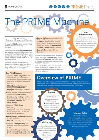 8 PRIMETimes
PRIMEPRIME UPDATE
Jodie Monaghan,
Change and Engagement Manager
We launched PRIME in April in Leeds and Hook
and have come such a long way
since then.
Our fantastic team of over 20 Change Agents
have helped to implement PRIME and the Focus
Groups have helped by gauging feedback from
around the business as we go through our PRIME
journey. An invite for Change Agents in 2015 will
be coming out soon.
In addition, individual employees, teams,
departments and line managers have all been
discussing how we can use PRIME to improve
things and the ways we work together.
• Back to the Floor sessions took place for
Richard Schooling, Matt Sutherland
and Albert Vissers with the Internal
Sales, Sourcing and Corporate mobility
teams, and sessions for Adam Lupton
and John Chunan took place in Leeds.
• Quarterly Town Halls in July and
December
In terms of the communications, we are now
on the ninth issue of PRIME Times and the
ﬁfth quarterly Town Halls have taken place –
a chance to bring everyone together for more
face to face discussion.
Even with all of this, we’ve even managed
to ﬁnd some time for some fun with the
World Cup, Halloween, Children in Need and
Christmas activities...
Our PRIME journey
• Launch of PRIME in April 2014 with
an introductory presentation from
CEO Richard Schooling and interactive
sessions on the 5 ‘pillars’ of PRIME at
both sites
• PRIME Cultural Workshops in
Birmingham for all Alphabet
employees between April – October
• PRIME Overview and Presentation ﬁlms
available on the new Intranet
• Understanding Strategy workshops in
Hook and Leeds during May and June
with Richard Schooling and
Jackie Drought
• Launch of PRIME Times
• PRIME Playbook has been given to
employees in June – to be developed
by you as we go on our journey with
PRIME and further updates
• PRIME Finance Workshops took place
in Leeds and Hook
• PRIME Customer Experience training
• Launched Leading the Way – our
employee recognition programme –
in May
• 3 x Alphabet Management Group
(AMG) sessions throughout the year
to focus on PRIME within the business
Marketing
• Launch of the new Intranet
including areas for departmental
information and organisation charts.
This will continue to be developed.
• PRIME Times.
• Brand Training
presentations.
Overview of PRIME
We have been full of ideas; here is a selection of some examples taking place across
the company. This is a great result for the ﬁrst 12 months. These are great examples of
how the business has taken on PRIME and made it their own, in a BIG way.
Finance
• Interview new Starters to
ﬁnd out best practice
• Regular departmental
PRIME meetings
• Carrying out Lync training
sessions to help reducing the
number of emails being sent
• Finance Interactive clinic
Internal Sales
• Speedy Meet and Greet
• Diarised Account Development meetings
between Account Managers and Sales Executives
• White boards updated daily for each Sales
Channel which focuses on gap to target
• Improved Renewals Process
The PRIME Machine
Sales
Development
• Weekly issues meeting with
escalation to relative department heads
•Template for tenders and rate sheets
• Detailed user guide for each task with
built in checks and communication
• Finance Interactive clinic
 