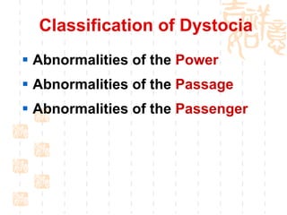 Classification of Dystocia Abnormalities of the  Power Abnormalities of the  Passage Abnormalities of the  Passenger 