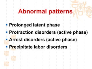 Abnormal patterns   Prolonged latent phase Protraction disorders (active phase) Arrest disorders (active phase) Precipitate labor disorders 