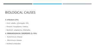 3. Infections (5%)
– Viral: rubella, cytomegalo, HIV,..
– Parasitic: toxoplasma, malaria,..
– Bacterial: ureaplasma, chlamydia,..
4. IMMUNOLOGICAL DISORDERS (5–10%)
– Autoimmune disease
– Alloimmune disease
– Antifetal antibodies
BIOLOGICAL CAUSES
 