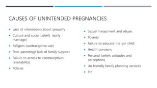 CAUSES OF UNINTENDED PREGNANCIES
 Lack of information about sexuality
 Culture and social beliefs (early
marriage)
 Religion (contraceptive use)
 Poor parenting/ lack of family support
 Failure to access to contraceptives
(availability)
 Policies
 Sexual harassment and abuse
 Poverty
 Failure to educate the girl child
 Health concerns
 Personal beliefs attitudes and
perceptions
 Un friendly family planning services
 Etc
 