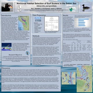 Nocturnal Habitat Selection of Surf Scoters in the Salish Sea
Melanitta perspicillata
By L. Hamiltonƚ, J. R. Evensonŧ, and D. L. Robertsƚ
ȽGraduate Program on the Environment, The Evergreen State College, Olympia, WA, email: hamlin06@evergreen.edu
Ŧ Waterfowl Survey and Sea Duck Specialist, WDFW, email: joseph.evenson@dfw.wa.gov
Introduction
Surf Scoters are sea ducks that utilize the
Salish Sea during all annual life stages
except breeding. They are present all year,
but most common from August through
May. They are most often observed
foraging for mussels, clams and herring
eggs along the shoreline. Surf Scoters are
one of the least studied of all North
American duck species and populations
indicate a declining trend since 1955.
Winter estimates from the Puget Sound
indicate a 77 percent decline since 1979.
Research Objectives
1) Determine Surf Scoter nocturnal habitat use area characteristics
2) Determine what factors influence the selection of identified resting
areas through resource selection probability analysis
3) Develop predictive models to estimate likely nocturnal resting areas
across the Salish Sea.
As is true for most marine bird species, all Surf Scoter surveys have
been conducted during diurnal periods, resulting in distribution data that
lacks a nocturnal component. These data are what currently guides
conservation and management decisions in the Salish Sea. Without a
nocturnal component, our knowledge on winter habitat requirements for
Surf Scoters is incomplete and planning efforts are insufficient.
Determining nocturnal use area habitat characteristics fills an important
data gap within Surf Scoter winter habitat requirements and overall
ecology.
To identify influencing factors Washington
Department of Fish and Wildlife (WDFW),
with funding from the Sea Duck Joint
Venture, implanted surf scoters with Platform
Terminal Transmitters (PTT’s) during
winters of 2003-2006 to document the
ecology of their annual life stages.
Methods
To determine how far Surf Scoters will travel between diurnal foraging
areas and nocturnal resting areas, we measured distance traveled
between diurnal and nocturnal locations when both were present within
one Argos duty cycle. We compared distances traveled between four
regions within the Salish Sea with analysis of variance and means
comparisons for all pairs (ANOVA, Tukey-Kramer HSD; JMP®,
Version 11. SAS Institute Inc., Cary, NC, 1989-2007).
We investigated nocturnal habitat preferences with a use vs. pseudo-
non-use resource selection design. We generated 5,100 random
locations within the Salish Sea Study area using ArcMap. For each
nocturnal satellite location and random pseudo-non-use location we
measured minimum distance to shore, water depth, tidal current,
exposure of nearest shoreline and vessel traffic density using various
spatial layers in ArcMap. We compared measurements between use and
pseudo-non-use points with t-tests (JMP®, Version 11).
We determined which habitat variables were the best predictors of
nocturnal presence using logistic regression (JMP®, Version 11) and
evaluated competing models with Akaike’s information criterion
adjusted for small sample sizes and AICc weights. Through the subset
model selection approach we evaluated 4 predictor variables; minimum
distance to shore, water depth, root-mean square tidal current, and
vessel traffic density.
Results
From the original filtered
data sets from 34 Surf
Scoters, we measured 233
movements between diurnal
and nocturnal locations
throughout the Salish Sea
resulting in an average
distance traveled of 3,967m.
ANOVA revealed variation
between regions (F3 = 5.22,
Data Preparation
Removed:
- Low Accuracy Data
- Civil Twilight
Locations
- Diurnal Locations
- Flightless Moult
Locations
- Auto correlated
Locations
Use
Pseudo-non-
use F
Range of
nocturnal use
Variable 𝑋 SE 𝑋 SE
Min Dist to Shore (m) 1388 33 3605 49 -37.14*** 2 - 8415
Water Depth (m) -34 41 -115 1.42 42.83 ˗251 - 0
Tidal Current (RMS) 0.09 0.002 0.22 0.003 -33.15*** 0.01 – 0.87
Shoreline ExposureA 2.40 0.60 3.1 0.01 0.09***(U) 1-4
Vessel Traffic Density 0.22 0.02 0.54 0.03 -8.23*** 0 – 9.12
A signifies that difference was evaluated with chi squared likelihood statistic.
*** signifies P < 0.0001 at 95% confidence.
Table 1. Mean comparisons for 5 habitat variables.
𝒑 = 0.1257 + 0.0131*Depth + -4.9350*Tidal + -0.0519*Vessel +
-4.48E-05*MinDistShore
Of the 15 candidate nocturnal presence prediction models, the full
model best fit the data, accounting for 71% of the AICc weight and was
3.5 times more likely to explain habitat preference than the next best
fitting model. This is strong but not unequivocal (w>0.90) support for
the best AICc model, so model averaging (Burnham and Anderson 2002)
was conducted. Only the 4 confidence set models were averaged as they
accounted for 99% of the AICc weight. This resulted in our nocturnal
presence model below:
Discussion
We provide a quantitative analysis that shows that Surf Scoters utilize nocturnal habitats that differ from documented diurnal distributions. Our
nocturnal location data has confirmed that Surf Scoters move offshore to deeper water to rest in comparison to diurnal foraging areas. The longer
distances traveled in the South Puget Sound region reinforces the importance of the characteristics that are selected. This region is almost entirely
comprised of narrow passages and inlets and demonstrates that Surf Scoters balance utilizing preferred nocturnal habitat, with minimizing distances
from food resources These findings set a precedent for future studies regarding a variety of marine birds displaying similar movement and behavior
characteristics and identifies a need to consider nocturnal distribution when assessing the conservation status of marine bird species in general.
Habitat in deeper and more open water is accompanied by threats (e.g. vessel traffic) that are different than those Scoters face in nearshore habitats.
Washington State waters see ~ 230,000 transits annually, including nearly 8,000 deep draft vessel movements. Our nocturnal data demonstrated a
strong avoidance of high vessel traffic in the Salish Sea. As rest periods are critical for conserving energy during winter months, vessel disturbance
would be detrimental during nocturnal periods. This suggest the possibility of night time vessel traffic limiting available nocturnal habitat for Surf
Scoters.
In addition to vessel traffic being a direct daily disturbance, bird distributions that overlap or occur in close proximity to oil transportation are at
greater risk of contamination. Many small oil spills (1000 L or less) go undetected or unreported. These small-scale oil discharges are more widely
distributed and happen more frequently, causing a greater ecological impact and potentially have cumulative effects on seabird populations. Also,
determination of important nocturnal use areas will improve catastrophic oil spill response plans, which do not currently account for nocturnal bird
use areas in Washington.
Figure 3. Map showing nocturnal locations in
purple, diurnal locations in yellow and current
tanker vessel traffic density in the Salish Sea.
3967
3629
3854
3218
6066
0 1000 2000 3000 4000 5000 6000 7000
ALL REGIONS
STRAIT OF GEORGIA
NORTH PUGET SOUND
CENTRAL PUGET SOUND
SOUTH PUGET SOUND
Means comparisons between 1,064 nocturnal use locations and 5,002
pseudo-non-use locations revealed differences in minimum distance to
shore, root-mean-squared tidal current, exposure of nearest shoreline and
vessel traffic density (Table 1).
Figure 2. Average distance traveled (m) by Surf Scoters
between diurnal and nocturnal locations within a 24
hour period within the Salish Sea.
P = 0.0017) and a post hoc Tukey test showed a difference in mean
distance traveled between the South Puget Sound and the Central Puget
Sound region (q = 2.59, P = 0.0008) (Figure 2).
Distance (in meters)
Figure 1. Flow chart of data manipulation
conducted in preparation for analysis.
 