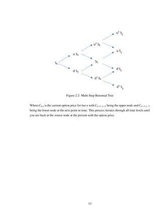 Figure 2.2: Multi Step Binomial Tree
Where Cn,j is the current option price for tier n with Cn+1,j+1 being the upper node and Cn+1,j−1
being the lower node at the next point in time. This process iterates through all time levels until
you are back at the source node at the present with the option price.
13
 