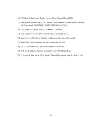 [14] P. Clifford, O. Zaboronski. Pricing Options Using Trinomial Trees (2008)
[15] Haug, Espen Gaardner (2007). The Complete Guide to Option Pricing Formulas. McGraw-
Hill Professional. ISBN 9780071389976. ”ISBN 0-07-138997-0”
[16] http://en.wikipedia.org/wiki/Greeks_(finance)
[17] http://investexcel.net/binomial-option-pricing-excel/
[18] Shreve, Steven.E Stochastic Calculus for Finance 2, Continious Time models
[19] John.C.Hull Options, Futures, and other derivatives, (7th ed.)
[20] Chi Lee Option Pricing in the Presence of Transaction Costs
[21] Prof. Yuh-Dauh Lyuu, National Taiwan University (2007) Delta Hedge
[22] E. Derman, I. Kani and N. Chriss Implied Trinomial Trees of the Volatility Smile (1996).
60
 