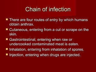 Chain of infectionChain of infection
 There are four routes of entry by which humansThere are four routes of entry by which humans
obtain anthrax.obtain anthrax.
 Cutaneous, entering from a cut or scrape on theCutaneous, entering from a cut or scrape on the
skin.skin.
 Gastrointestinal, entering when raw orGastrointestinal, entering when raw or
undercooked contaminated meat is eaten.undercooked contaminated meat is eaten.
 Inhalation, entering from inhalation of spores.Inhalation, entering from inhalation of spores.
 Injection, entering when drugs are injected.Injection, entering when drugs are injected.
 