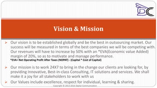  Our vision is to be established globally and be the best in outsourcing market. Our
success will be measured in terms of the best companies we will be competing with.
Our revenues will have to increase by 50% with an *EVA(Economic value Added)
margin of 20%, so as to motivate and manage performance.
 Our mission is to work 24X7 to bring in the change our clients are looking for, by
providing Innovative, Best-in-class Consulting, IT solutions and services. We shall
make it a joy for all stakeholders to work with us
 Our Values include excellence, respect for individual, learning & sharing.
Vision & Mission
*EVA= Net Operating Profit After Taxes (NOPAT) - (Capital * Cost of Capital)
Copyright © 2013-2016 Digital Communication
 