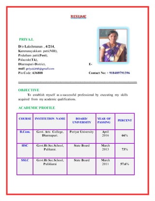 RESUME
PRIYA.L
D/o Lakshmanan , 4/214,
Kammanayakkam patti(Vill),
Podutham patti(Post),
Palacode(T.k),
Dharmapuri-District, E-
mail: priya53196@gmail.com
Pin Code: 636808 Contact No: + 918489791396
------------------------------------------------------------------------------------------------------------
OBJECTIVE
To establish myself as a successful professional by executing my skills
acquired from my academic qualifications.
ACADEMIC PROFILE
COURSE INSTITUTION NAME BOARD/
UNIVERSITY
YEAR OF
PASSING
PERCENT
B.Com. Govt. Arts College,
Dharmapuri.
Periyar University April
2016 66%
HSC Govt.Hr.Sec.School,
Pulikarai.
State Board March
2013 73%
SSLC Govt.Hr.Sec.School,
Pulikkarai
State Board March
2011 57.6%
 