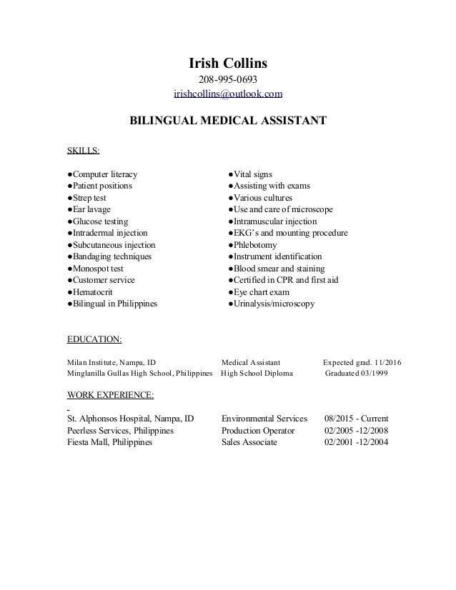 irish collins resume bilingual medical assistant