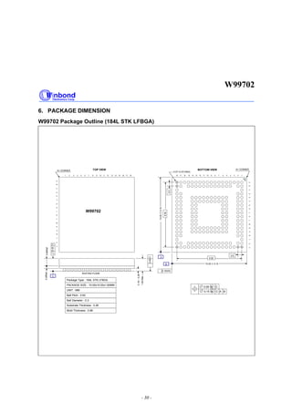 W99702
- 30 -
6. PACKAGE DIMENSION
W99702 Package Outline (184L STK LFBGA)
18 17 16 15 14 13 12 11 10 9 8 7 6 5 4 3 2 1
ABCDEFGHJKLMNPRTUV
0.5
8.50
10.00 + 0.15
8.50
0.5
10.00+0.15
BOTTOM VIEW A1 CORNER
ABCDEFGHJKLMNPRTUV
1 2 3 4 5 6 7 8 9 10 11 12 13 14 15 16 17 18
A1 CORNER TOP VIEW
C
0.26Ref.0.86Ref.
0.20C
SEATING PLANE
A
0.16~0.26
1.60Max.
0.08C
B
0.15(4X)
0.27~0.37(184X)
PACKAGE SIZE : 10.00x10.00x1.60MM
UNIT : MM
Ball Pitch : 0.50
Ball Diameter : 0.3
Substrate Thickness : 0.26
Mold Thickness : 0.86
Package Type : 184L STK LFBGA
0.08 M C
0.15 M C A B
W99702
 