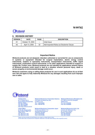 W99702
- 32 -
8. REVISION HISTORY
VERSION DATE PAGE DESCRIPTION
A1 October 15, 2004 - Initial Issue
A2 April 13, 2005 32 Add Important Notice as Disclaimer Clause
Important Notice
Winbond products are not designed, intended, authorized or warranted for use as components
in systems or equipment intended for surgical implantation, atomic energy control
instruments, airplane or spaceship instruments, transportation instruments, traffic signal
instruments, combustion control instruments, or for other applications intended to support or
sustain life. Further more, Winbond products are not intended for applications wherein failure
of Winbond products could result or lead to a situation wherein personal injury, death or
severe property or environmental damage could occur.
Winbond customers using or selling these products for use in such applications do so at their
own risk and agree to fully indemnify Winbond for any damages resulting from such improper
use or sales.
Headquarters
No. 4, Creation Rd. III,
Science-Based Industrial Park,
Hsinchu, Taiwan
TEL: 886-3-5770066
FAX: 886-3-5665577
http://www.winbond.com.tw/
Taipei Office
TEL: 886-2-8177-7168
FAX: 886-2-8751-3579
Winbond Electronics Corporation America
2727 North First Street, San Jose,
CA 95134, U.S.A.
TEL: 1-408-9436666
FAX: 1-408-5441798
Winbond Electronics (H.K.) Ltd.
No. 378 Kwun Tong Rd.,
Kowloon, Hong Kong
FAX: 852-27552064
Unit 9-15, 22F, Millennium City,
TEL: 852-27513100
Please note that all data and specifications are subject to change without notice.
All the trade marks of products and companies mentioned in this data sheet belong to their respective owners.
Winbond Electronics (Shanghai) Ltd.
200336 China
FAX: 86-21-62365998
27F, 2299 Yan An W. Rd. Shanghai,
TEL: 86-21-62365999
Winbond Electronics Corporation Japan
Shinyokohama Kohoku-ku,
Yokohama, 222-0033
FAX: 81-45-4781800
7F Daini-ueno BLDG, 3-7-18
TEL: 81-45-4781881
9F, No.480, Rueiguang Rd.,
Neihu District, Taipei, 114,
Taiwan, R.O.C.
 