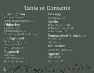 1
Table of Contents
Introduction
Executive Summary... 2
Agency Mission Statement... 2
Objectives
Marketing... 3
Communications... 3
Time Frame (See Media Strategies)
Background
Historical Context... 4
Situation Analysis... 5
SWOT Analysis... 6
Research
Objectives... 7
Target Markets... 8
Campaign Strategy... 9
Message
Boom Factor... 10
Media
Media Objectives... 20
Media Strategies... 21/22
Media Choices... 22
Engagement Programs
Internal... 24
External... 24
Evaluation
Criteria for Success... 25
Appendix
Bios... 26/27
References... 28
 