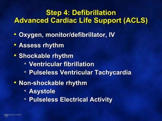 Step 4: Defibrillation
Advanced Cardiac Life Support (ACLS)
• Oxygen, monitor/defibrillator, IV
• Assess rhythm
• Shockable rhythm
• Ventricular fibrillation
• Pulseless Ventricular Tachycardia
• Non-shockable rhythm
• Asystole
• Pulseless Electrical Activity
 