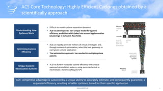 www.acsystems.pt
ACS Core Technology: Highly Efficient Cyclones obtained by a
scientifically approach
Understanding How
Cyclones Work
Optimizing Cyclone
Efficiency
Unique Cyclonic
Recirculation Systems
 Difficult to model cyclone separation dynamics
 ACS has developed its own unique model for cyclone
efficiency prediction which takes into account agglomeration
(clustering) in turbulent flow fields
 ACS can rapidly generate millions of virtual prototypes and,
through numerical optimization, select the best geometry to
each given cyclone application
 The optimization approach has resulted in multiple cyclone
patents
 ACS has further increased cyclone efficiency with unique
patented recirculation systems, using pure mechanical or
electrostatic dynamics (ReCyclone®)
ACS’ competitive advantage is sustained by a unique ability to accurately estimate, and consequently guarantee, a
requested efficiency, resulting in better cyclones, tuned for their specific application
5
 