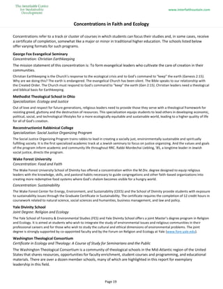 www.interfaithsustain.com
Page 19
Concentrations in Faith and Ecology
Concentrations refer to a track or cluster of courses in which students can focus their studies and, in some cases, receive
a certificate of completion, somewhat like a major or minor in traditional higher education. The schools listed below
offer varying formats for such programs.
George Fox Evangelical Seminary
Concentration: Christian Earthkeeping
The mission statement of this concentration is: To form evangelical leaders who cultivate the care of creation in their
communities.
Christian Earthkeeping is the Church’s response to the ecological crisis and to God’s command to “keep” the earth (Genesis 2:15).
Why are we doing this? The earth is endangered. The evangelical Church has been silent. The Bible speaks to our relationship with
the Created Order. The Church must respond to God’s command to “keep” the earth (Gen 2:15). Christian leaders need a theological
and biblical basis for Earthkeeping.
Methodist Theological School in Ohio
Specialization: Ecology and Justice
Out of love and respect for future generations, religious leaders need to provide those they serve with a theological framework for
resisting greed, gluttony and the destruction of resources. This specialization equips students to lead others in developing economic,
political, social, and technological lifestyles for a more ecologically equitable and sustainable world, leading to a higher quality of life
for all of God’s creation.
Reconstructionist Rabbinical College
Specialization: Social Justice Organizing Program
The Social Justice Organizing Program trains rabbis to lead in creating a socially just, environmentally sustainable and spiritually
fulfilling society. It is the first specialized academic track at a Jewish seminary to focus on justice organizing. And the values and goals
of the program inform academic and community life throughout RRC. Rabbi Mordechai Liebling, '85, a longtime leader in Jewish
social justice, directs the program.
Wake Forest University
Concentration: Food and Faith
The Wake Forest University School of Divinity has offered a concentration within the M.Div. degree designed to equip religious
leaders with the knowledge, skills, and pastoral habits necessary to guide congregations and other faith-based organizations into
creating more redemptive food systems where God’s shalom becomes visible for a hungry world.
Concentration: Sustainability
The Wake Forest Center for Energy, Environment, and Sustainability (CEES) and the School of Divinity provide students with exposure
to sustainability issues through the Graduate Certificate in Sustainability. The certificate requires the completion of 12 credit hours in
coursework related to natural science, social sciences and humanities, business management, and law and policy.
Yale Divinity School
Joint Degree: Religion and Ecology
The Yale School of Forestry & Environmental Studies (FES) and Yale Divinity School offers a joint Master’s degree program in Religion
and Ecology. It is aimed at students who wish to integrate the study of environmental issues and religious communities in their
professional careers and for those who wish to study the cultural and ethical dimensions of environmental problems. The joint
degree is strongly supported by co-appointed faculty and by the Forum on Religion and Ecology at Yale (www.fore.yale.edu).
Washington Theological Consortium
Certificate in Ecology and Theology: A Course of Study for Seminarians and the Public
The Washington Theological Consortium is a community of theological schools in the Mid-Atlantic region of the United
States that shares resources, opportunities for faculty enrichment, student courses and programming, and educational
materials. There are over a dozen member schools, many of which are highlighted in this report for exemplary
leadership in this field.
 