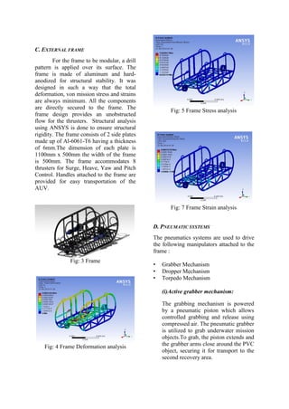 C. EXTERNAL FRAME
For the frame to be modular, a drill
pattern is applied over its surface. The
frame is made of aluminum and hard-
anodized for structural stability. It was
designed in such a way that the total
deformation, von mission stress and strains
are always minimum. All the components
are directly secured to the frame. The
frame design provides an unobstructed
flow for the thrusters. Structural analysis
using ANSYS is done to ensure structural
rigidity. The frame consists of 2 side plates
made up of Al-6061-T6 having a thickness
of 6mm.The dimension of each plate is
1100mm x 500mm the width of the frame
is 500mm. The frame accommodates 8
thrusters for Surge, Heave, Yaw and Pitch
Control. Handles attached to the frame are
provided for easy transportation of the
AUV.
Fig: 3 Frame
Fig: 4 Frame Deformation analysis
Fig: 5 Frame Stress analysis
Fig: 7 Frame Strain analysis
D. PNEUMATIC SYSTEMS
The pneumatics systems are used to drive
the following manipulators attached to the
frame :
• Grabber Mechanism
• Dropper Mechanism
• Torpedo Mechanism
(i)Active grabber mechanism:
The grabbing mechanism is powered
by a pneumatic piston which allows
controlled grabbing and release using
compressed air. The pneumatic grabber
is utilized to grab underwater mission
objects.To grab, the piston extends and
the grabber arms close around the PVC
object, securing it for transport to the
second recovery area.
 