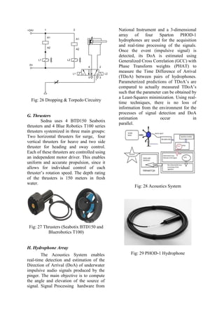 Fig: 26 Dropping & Torpedo Circuitry
G. Thrusters
Sedna uses 4 BTD150 Seabotix
thrusters and 4 Blue Robotics T100 series
thrusters systemized in three main groups:
Two horizontal thrusters for surge, four
vertical thrusters for heave and two side
thruster for heading and sway control.
Each of these thrusters are controlled using
an independent motor driver. This enables
uniform and accurate propulsion, since it
allows for individual control of each
thruster’s rotation speed. The depth rating
of the thrusters is 150 meters in fresh
water.
Fig: 27 Thrusters (Seabotix BTD150 and
Bluerobotics T100)
H. Hydrophone Array
The Acoustics System enables
real-time detection and estimation of the
Direction of Arrival (DoA) of underwater
impulsive audio signals produced by the
pinger. The main objective is to compute
the angle and elevation of the source of
signal. Signal Processing hardware from
National Instrument and a 3-dimensional
array of four Sparton PHOD-1
hydrophones are used for the acquisition
and real-time processing of the signals.
Once the event (impulsive signal) is
detected, its DoA is estimated using
Generalized Cross Correlation (GCC) with
Phase Transform weights (PHAT) to
measure the Time Difference of Arrival
(TDoA) between pairs of hydrophones.
Parameterized predictions of TDoA’s are
compared to actually measured TDoA’s
such that the parameter can be obtained by
a Least-Squares minimization. Using real-
time techniques, there is no loss of
information from the environment for the
processes of signal detection and DoA
estimation occur in
parallel.
Fig: 28 Acoustics System
Fig: 29 PHOD-1 Hydrophone
 