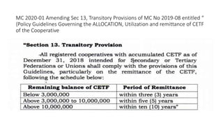 MC 2020-01 Amending Sec 13, Transitory Provisions of MC No 2019-08 entitled “
{Policy Guidelines Governing the ALLOCATION, Utilization and remittance of CETF
of the Cooperative
 