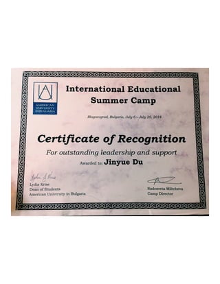 Certificate of recognition from American University in Bulgaria