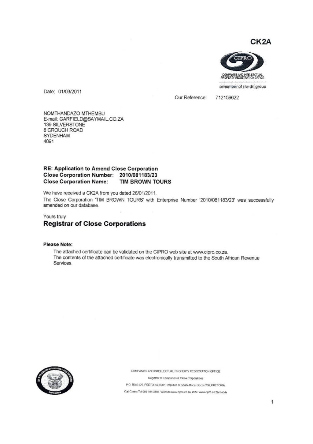 CK document Tim Brown Tours