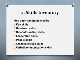 2. Skills Inventory
Find your transferable skills
O Key skills
O Hands-on skills
O Data/information skills
O Leadership skills
O People skills
O Creative/artistic skills
O Verbal/communication skills
 
