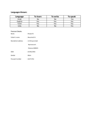Languages Known:
Language To learn To write To speak
Hindi No No Yes
English Yes Yes Yes
Tamil Yes Yes Yes
Urdu No No Yes
Personal Details:
Name : Rizwan N
Father’s name : Noushad A S
Residential address : 11 Periyarstreet
Ayanavaram
Chennai 600023
DOB : 07/05/1992
Gender : Male
Passportnumber : k4271762
 