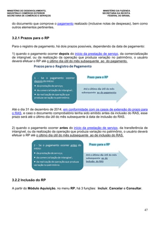MINISTÉRIO DO DESENVOLVIMENTO, MINISTÉRIO DA FAZENDA
INDÚSTRIA E COMÉRCIO EXTERIOR SECRETARIA DA RECEITA
SECRETARIA DE COMÉRCIO E SERVIÇOS FEDERAL DO BRASIL
47
do documento que comprove o pagamento realizado (inclusive notas de despesas), bem como
outros elementos pertinentes.
3.2.1 Prazos para o RP
Para o registro de pagamento, há dois prazos possíveis, dependendo da data de pagamento:
1) quando o pagamento ocorrer depois do início da prestação de serviço, da comercialização
de intangível, ou da realização da operação que produza variação no patrimônio, o usuário
deverá efetuar o RP até o último dia útil do mês subsequente ao do pagamento.
Até o dia 31 de dezembro de 2014, em conformidade com os casos de extensão do prazo para
o RAS, e caso o documento comprobatório tenha sido emitido antes da inclusão do RAS, esse
prazo será até o último dia útil do mês subsequente à data de inclusão do RAS.
2) quando o pagamento ocorrer antes do início da prestação de serviço, da transferência de
intangível, ou da realização da operação que produza variação no patrimônio, o usuário deverá
efetuar o RP até o último dia útil do mês subsequente ao de inclusão do RAS.
3.2.2 Inclusão do RP
A partir do Módulo Aquisição, no menu RP, há 3 funções: Incluir, Cancelar e Consultar.
 