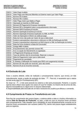 MINISTÉRIO DO DESENVOLVIMENTO, MINISTÉRIO DA FAZENDA
INDÚSTRIA E COMÉRCIO EXTERIOR SECRETARIA DA RECEITA
SECRETARIA DE COMÉRCIO E SERVIÇOS FEDERAL DO BRASIL
70
E0013 Valor Pago inválido.
E0014 Valor Pago com Recurso Mantido no Exterior maior que Valor Pago.
E0015 Número DI inválido.
E0016 Número RE inválido.
E0017 Valor Pago maior que Saldo a Pagar.
E0018 Operação já inserida no RAS atual.
E0019 Número ID Pagamento Empresa inexistente.
E0020 Número RC é obrigatório para o enquadramento informado.
E0021 Número RAS Empresa já incluído.
E0022 Número Operação Empresa já incluído.
E0023 Número Operação Empresa duplicado no XML do RAS.
E0024 Valor da Operação é inferior ao saldo já pago.
E0025 Data de Início não pode ser maior do que a data atual.
E0026 Existe(m) operação(ões) referente(s) a Aditivo(s) no XML de Retificação de RAS.
E0027 Existe(m) operação(ões) referente(s) ao RAS original no XML de Retificação de Aditivo.
E0028 Data de Início posterior à Data de Conclusão.
E0029 Código NBS inválido.
E0030 Enquadramento não permite número RC.
E0031 Erro na opção de Atendimento à Legislação.
E0032 Id Pagamento Empresa já incluído.
E0033 Taxa de câmbio não foi encontrada. Reenviar o arquivo.
E0034 Data do Pagamento maior que a data atual.
E0035 Pagamento já cancelado.
E0036 É vedada a retificação de moeda para RAS com pagamento incluído.
E0037 Número DI não pode ser excluído, pois não existe.
E0038 Número DI já se encontra excluído.
4.4 Exclusão do Lote
Caso o usuário detecte, antes de realizado o processamento noturno, que enviou um lote
indevidamente, existe a opção de exclusão de lotes . Para tal, é necessário que o status
do lote ainda seja Em Processamento (EP).
Ao clicar na , o lote será excluído do sistema e não será processado. Portanto, o usuário
apenas deve utilizar essa opção nos casos em que for notado, no mesmo dia do envio do lote,
alguma inconsistência ou algum erro no arquivo selecionado.
A responsabilidade pela exclusão de um lote é exclusiva do usuário que efetuou o comando.
4.5 Cumprimento de Prazos na Transferência em Lote
Para fins de cumprimento dos prazos legais, o sistema adota a data e o horário informados na
coluna Data de Geração do Protocolo, ou seja, a data em que os arquivos foram enviados
para processamento. Vale ressaltar que a obrigação só será tempestivamente cumprida se os
arquivos forem processados com sucesso (status PS), dentro dos prazos legais estabelecidos
para os registros.
 