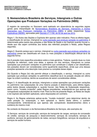 MINISTÉRIO DO DESENVOLVIMENTO, MINISTÉRIO DA FAZENDA
INDÚSTRIA E COMÉRCIO EXTERIOR SECRETARIA DA RECEITA
SECRETARIA DE COMÉRCIO E SERVIÇOS FEDERAL DO BRASIL
71
5. Nomenclatura Brasileira de Serviços, Intangíveis e Outras
Operações que Produzam Variações no Patrimônio (NBS)
O registro de operações no Siscoserv será realizado em observância às seguintes regras
gerais para interpretação da Nomenclatura Brasileira de Serviços, Intangíveis e Outras
Operações que Produzam Variações no Patrimônio (NBS) e pelas respectivas Notas
Explicativas (NEBS), aprovadas pelo Decreto nº 7.708, de 02 de abril de 2012.
Regra 1. Os títulos das Seções e Capítulos têm apenas valor indicativo. Para os efeitos legais,
a classificação do serviço, intangível ou outra operação que produza variação no patrimônio é
determinada pelos textos das posições e das Notas de Seção e de Capítulo quando houver e,
desde que não sejam contrárias aos textos das referidas posições e Notas, pelas Regras
seguintes.
Regra 2. Quando pareça que o serviço, intangível ou outra operação que produza variações no
patrimônio possa ser classificado em duas ou mais posições a classificação efetuar-se-á da
seguinte forma:
2a) A posição mais específica prevalece sobre a mais genérica. Todavia, quando duas ou mais
posições se referirem, cada uma delas, a apenas um dos serviços, intangíveis ou outras
operações que produzam variações no patrimônio que constituam o objeto a ser classificado,
tais posições devem ser consideradas como igualmente específicas, ainda que uma dessas
posições apresente uma descrição mais precisa ou completa desse objeto.
2b) Quando a Regra 2a) não permitir efetuar a classificação, o serviço, intangível ou outra
operação que produza variações no patrimônio classificar-se-á na posição situada em último
lugar na ordem numérica, dentre as suscetíveis de serem consideradas válidas.
Regra 3. A classificação de serviços, intangíveis e outras operações que produzam variações
no patrimônio nas subposições de uma mesma posição é determinada, para efeitos legais,
pelos textos dessas subposições e, quando houver, das Notas de Subposição respectivas,
assim como, "mutatis mutandis", pelas Regras precedentes, entendendo-se que apenas são
comparáveis subposições do mesmo nível. Para os fins da presente Regra, as Notas de Seção
e de Capítulo são também aplicáveis, salvo disposições em contrário.
Regra 4. As Regras anteriores aplicar-se-ão, "mutatis mutandis", para determinar dentro de
cada posição ou subposição, o item aplicável e, dentro deste último, o subitem
correspondente, entendendo-se que apenas são comparáveis desdobramentos (itens e
subitens) do mesmo nível.
No contexto do Siscoserv e da Nomenclatura Brasileira de Serviços, são exemplos de:
1) Serviços: serviços de construção; serviços de transporte de cargas; serviços de concessão
de crédito; serviços de pesquisa e desenvolvimento; serviços de consultoria; serviços de
auditoria; serviços de gerenciamento de redes; serviços fotográficos; serviços de arquitetura e
serviços de saúde humana.
 