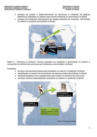 MINISTÉRIO DO DESENVOLVIMENTO, MINISTÉRIO DA FAZENDA
INDÚSTRIA E COMÉRCIO EXTERIOR SECRETARIA DA RECEITA
SECRETARIA DE COMÉRCIO E SERVIÇOS FEDERAL DO BRASIL
8
 serviços de projeto e desenvolvimento de estruturas e conteúdo de páginas
eletrônicas realizados no exterior para cliente residente ou domiciliado no Brasil;
 serviços de transporte internacional de cargas prestado por empresa domiciliada
no exterior a empresa domiciliada no Brasil.
Modo 2 - Consumo no Exterior: serviço prestado por residente e domiciliado no exterior e
consumido no território de outro país por residente ou domiciliado no Brasil.
Exemplos:
 serviços educacionais presenciais prestados no exterior a residente no Brasil;
 capacitação no exterior de funcionários de pessoa jurídica domiciliada no Brasil;
 empresa brasileira envia equipamento para reparo no território de outro país;
 serviços médicos especializados prestados no exterior a residente no Brasil.
 