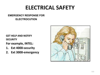 113
GET HELP AND NOTIFY
SECURITY
For example, INTEL:
1. Ext 4000-security
2. Ext 3000-emergency
EMERGENCY RESPONSE FOR
ELECTROCUTION
ELECTRICAL SAFETY
 