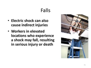 51
Falls
• Electric shock can also
cause indirect injuries
• Workers in elevated
locations who experience
a shock may fall, resulting
in serious injury or death
 