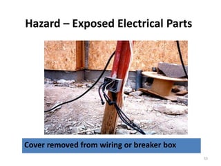 53
Hazard – Exposed Electrical Parts
Cover removed from wiring or breaker box
 