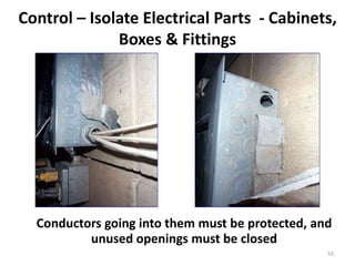 55
Control – Isolate Electrical Parts - Cabinets,
Boxes & Fittings
Conductors going into them must be protected, and
unused openings must be closed
 