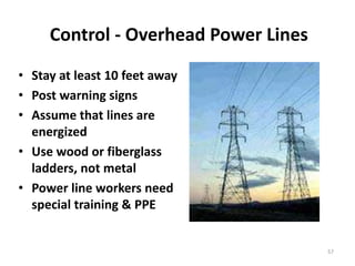 57
Control - Overhead Power Lines
• Stay at least 10 feet away
• Post warning signs
• Assume that lines are
energized
• Use wood or fiberglass
ladders, not metal
• Power line workers need
special training & PPE
 