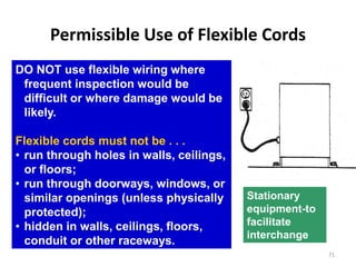 71
Permissible Use of Flexible Cords
Stationary
equipment-to
facilitate
interchange
DO NOT use flexible wiring where
frequent inspection would be
difficult or where damage would be
likely.
Flexible cords must not be . . .
• run through holes in walls, ceilings,
or floors;
• run through doorways, windows, or
similar openings (unless physically
protected);
• hidden in walls, ceilings, floors,
conduit or other raceways.
 