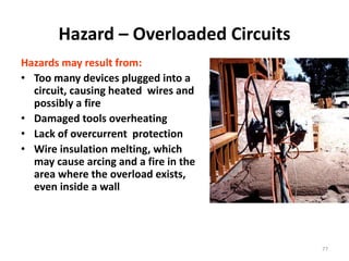 77
Hazard – Overloaded Circuits
Hazards may result from:
• Too many devices plugged into a
circuit, causing heated wires and
possibly a fire
• Damaged tools overheating
• Lack of overcurrent protection
• Wire insulation melting, which
may cause arcing and a fire in the
area where the overload exists,
even inside a wall
 