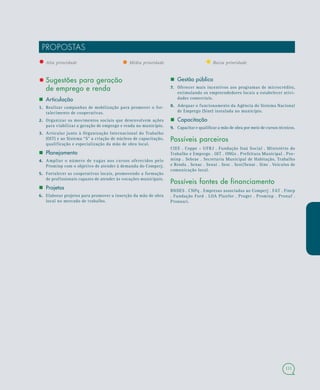 111
PROPOSTAS
• Alta prioridade • Média prioridade • Baixa prioridade
• Sugestões para geração
de emprego e renda
 Articulação
1.1. Realizar campanhas de mobilização para promover o for-
talecimento de cooperativas.
2.2. Organizar os movimentos sociais que desenvolvem ações
para viabilizar a geração de emprego e renda no município.
3.3. Articular junto à Organização Internacional do Trabalho
(OIT) e ao Sistema “S” a criação de núcleos de capacitação,
qualificação e especialização da mão de obra local.
 Planejamento
4.4. Ampliar o número de vagas nos cursos oferecidos pelo
Prominp com o objetivo de atender à demanda do Comperj.
5.5. Fortalecer as cooperativas locais, promovendo a formação
de profissionais capazes de atender às vocações municipais.
 Projetos
6.6. Elaborar projetos para promover a inserção da mão de obra
local no mercado de trabalho.
 Gestão pública
7.7. Oferecer mais incentivos aos programas de microcrédito,
estimulando os empreendedores locais a estabelecer ativi-
dades comerciais.
8.8. Adequar o funcionamento da Agência do Sistema Nacional
de Emprego (Sine) instalada no município.
 Capacitação
9.9. Capacitar e qualificar a mão de obra por meio de cursos técnicos.
Possíveis parceiros
CIEE . Coppe – UFRJ . Fundação Itaú Social . Ministério do
Trabalho e Emprego . OIT . ONGs . Prefeitura Municipal . Pro-
minp . Sebrae . Secretaria Municipal de Habitação, Trabalho
e Renda . Senac . Senai . Sesc . Sest/Senat . Sine . Veículos de
comunicação local.
Possíveis fontes de financiamento
BNDES . CNPq . Empresas associadas ao Comperj . FAT . Finep
. Fundação Ford . LOA Planfor . Proger . Prominp . Pronaf .
Pronasci.
 
