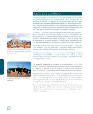 118
INDÚSTRIA E COMÉRCIO
Em seu Capítulo 30, a Agenda 21 reconhece que a prosperidade constante, obje-
tivo fundamental do processo de desenvolvimento, resulta principalmente das
atividades do comércio e da indústria. Mas alerta que o setor econômico deve
reconhecer a gestão do meio ambiente como uma de suas mais altas prioridades.
Não é possível ter uma economia ou uma sociedade saudável num mundo com
tanta pobreza e degradação ambiental. O desenvolvimento econômico não pode
parar, mas precisa mudar de rumo para se tornar menos destrutivo.
As políticas e operações empresariais podem desempenhar um papel impor-
tante na redução do impacto sobre o uso dos recursos e o meio ambiente por
meio de processos de produção mais eficientes, estratégias preventivas, tec-
nologias e procedimentos mais limpos de produção ao longo do ciclo de vida
de um produto. É necessário estimular a inventividade, a competitividade
e as iniciativas voluntárias para estimular opções mais variadas e efetivas.
A competitividade também exige das indústrias e do comércio a adequação
a esta tendência, o que está propiciando o surgimento de produtos e serviços
ambientais que visam à diminuição dos danos ao meio ambiente.
A contribuição deste setor para o desenvolvimento sustentável pode aumentar
à medida que os preços de bens e serviços reflitam cada vez mais os custos
ambientais de seus insumos, produção, uso, reciclagem e eliminação, segundo
as condições de cada local.
Em Itaboraí, a existência da Câmara de Dirigentes Lojistas (CDL) é vista
como um ponto positivo para o desenvolvimento do comércio. Mas os membros
da Agenda 21 se queixam da falta de políticas de incentivo fiscal para atrair
novos investimentos e para a ampliação e geração de novos postos de trabalho.
O grupo acredita que haverá maior interesse do poder público com a vinda para
a região do Complexo Petroquímico e de outras empresas relacionadas a esse
setor, e a consequente geração de novas oportunidades. No entanto, também
mostrou apreensão com a eventual falta de fiscalização das leis trabalhistas
nas empresas que deverão se instalar no município.
Há temor em relação à possibilidade de substituição da mão de obra local
pela de imigrantes e também com a possível perda de competitividade da
indústria e comércio locais frente aos novos agentes econômicos que estão se
fixando no município.
Estima-se que o Comperj vai gerar mais
de 200 mil empregos diretos, indiretos e
por efeito renda
A indústria de cerâmica é tradicional
na região
 