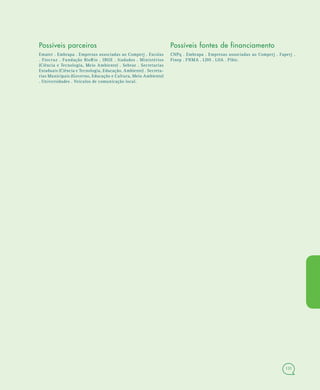 131
Possíveis parceiros
Emater . Embrapa . Empresas associadas ao Comperj . Escolas
. Fiocruz . Fundação BioRio . IBGE . Itadados . Ministérios
(Ciência e Tecnologia, Meio Ambiente) . Sebrae . Secretarias
Estaduais (Ciência e Tecnologia, Educação, Ambiente) . Secreta-
rias Municipais (Governo, Educação e Cultura, Meio Ambiente)
. Universidades . Veículos de comunicação local.
Possíveis fontes de financiamento
CNPq . Embrapa . Empresas associadas ao Comperj . Faperj .
Finep . FNMA . LDO . LOA . Pibic.
 