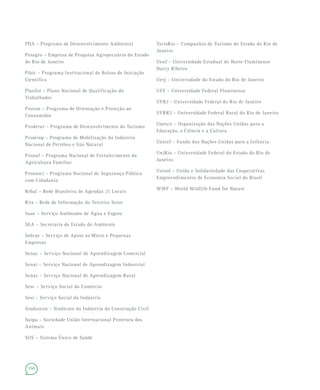150
PDA – Programa de Desenvolvimento Ambiental
Pesagro – Empresa de Pesquisa Agropecuária do Estado
do Rio de Janeiro
Pibic – Programa Institucional de Bolsas de Iniciação
Cientifica
Planfor – Plano Nacional de Qualificação do
Trabalhador
Procon – Programa de Orientação e Proteção ao
Consumidor
Prodetur – Programa de Desenvolvimento do Turismo
Prominp – Programa de Mobilização da Indústria
Nacional de Petróleo e Gás Natural
Pronaf – Programa Nacional de Fortalecimento da
Agricultura Familiar
Pronasci – Programa Nacional de Segurança Pública
com Cidadania
Rebal – Rede Brasileira de Agendas 21 Locais
Rits – Rede de Informação do Terceiro Setor
Saae – Serviço Autônomo de Água e Esgoto
SEA – Secretaria de Estado do Ambiente
Sebrae – Serviço de Apoio às Micro e Pequenas
Empresas
Senac – Serviço Nacional de Aprendizagem Comercial
Senai – Serviço Nacional de Aprendizagem Industrial
Senar – Serviço Nacional de Aprendizagem Rural
Sesc – Serviço Social do Comércio
Sesi – Serviço Social da Indústria
Sinduscon – Sindicato da Indústria da Construção Civil
Suipa – Sociedade União Internacional Protetora dos
Animais
SUS – Sistema Único de Saúde
TurisRio – Companhia de Turismo do Estado do Rio de
Janeiro
Uenf – Universidade Estadual do Norte Fluminense
Darcy Ribeiro
Uerj – Universidade do Estado do Rio de Janeiro
UFF – Universidade Federal Fluminense
UFRJ – Universidade Federal do Rio de Janeiro
UFRRJ – Universidade Federal Rural do Rio de Janeiro
Unesco – Organização das Nações Unidas para a
Educação, a Ciência e a Cultura
Unicef – Fundo das Nações Unidas para a Infância
UniRio – Universidade Federal do Estado do Rio de
Janeiro
Unisol – União e Solidariedade das Cooperativas
Empreendimentos de Economia Social do Brasil
WWF – World Wildlife Fund for Nature
 