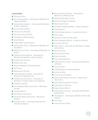 155
Comunidade
 Adilson da Silva
 Alci de Vasconsellos - Associação de Moradores da
Cidade Grande Rio
 Alcione Edna Gonçalves - Associação de Moradores
do Bairro Esperança
 Ana de Oliveira Rufino
 Ana Lucia da Silva Rosa
 Ana Lucia Soares Senceita
 Ana Maria de Oliveira Santos
 André Messias
 Angela Maria da Silva Duarte
 Antonia Alves Silva - Associação de Moradores da
Marambaia
 Antonio Luis de Jesus - Associação de Moradores de
Gebara
 Arlindo de Souza Barboza - Associação de
Moradores de Bom Retiro de São Joaquim
 Avanísio Rosa de Sousa
 Bárbara Lese Lima
 Beatriz Rodrigues de Almeida Barbosa
 Bel Ferreira
 Bismarque de Azevedo
 Carlos Marques F. Quirino - Associação de
Moradores da Morada do Sol
 Claudia Souza da Fonseca - Associação de
Moradores e Amigos do Bairro da Ampliação
 Cláudio de Amorim
 Creusa Balbino Ribeiro da Fonseca - Movimento
Geração
 Cristiano Ribeiro
 Davia Ribeiro da Fonseca
 David Alex Ribeiro da Fonseca - Movimento
Geração
 Deucimar Zéfiro - Associação Comunitária de
Visconde de Itaboraí
 Dinarte Nunes de Oliveira - Associação de
Moradores da Morada do Sol
 Edmilson Domingos de Souza
 Ednalva Rodrigues de Almeida
 Edson Enéas Peixoto
 Eli Maurício Daumos Barbosa - Projeto Ser Beleza
 Eliana Mariano
 Eliete Rodrigues Quirino - Cooperativa Pescarte
 Eliezer Lopes
 Elisabete de Lima Azeredo Santos
 Elizete Rodrigues Quirino - Cooperativa Pescarte
 Eva Pereira da Silva
 Fábio Vianna - Associação dos Moradores e Amigos
do Rio Várzea
 Flavia Porto Vaz
 Flavio da Silva Carlos
 Francisco Fateich
 Geny Anália Montouro
 Guelfo Silvestro Pereira - Associação de Moradores
de Pacheco
 Iara dos Santos
 Izabel Rodrigues de Almeida Barbosa
 Jackson de Goes
 Jaime Vieira de Almeida
 Janete Ferreira Moreno da Silva - Espaço Social
Alto do Jacu
 João Carlos Carvalho de A. Vieira
 Jorge Afonso F. M. Paiva
 Jorge de Souza Ribeiro
 Josanie Pereira da Cruz - Associação de Moradores
da Marambaia
 José Nogueira - Associação de Moradores Retiro São
Joaquim
 Jose Viana
 Josefa Ferreira da Silva
 