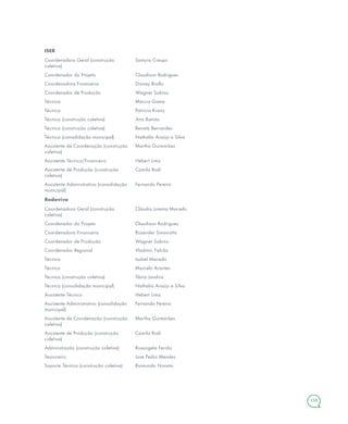 159
ISER
Coordenadora Geral (construção
coletiva)
Samyra Crespo
Coordenador do Projeto Claudison Rodrigues
Coordenadora Financeira Dioney Brollo
Coordenador de Produção Wagner Sabino
Técnica Márcia Gama
Técnica Patricia Kranz
Técnica (construção coletiva) Ana Batista
Técnica (construção coletiva) Renata Bernardes
Técnica (consolidação municipal) Nathalia Araújo e Silva
Assistente de Coordenação (construção
coletiva)
Martha Guimarães
Assistente Técnico/Financeiro Hebert Lima
Assistente de Produção (construção
coletiva)
Camila Rodi
Assistente Administrativo (consolidação
municipal)
Fernando Pereira
Rodaviva
Coordenadora Geral (construção
coletiva)
Cláudia Jurema Macedo
Coordenador do Projeto Claudison Rodrigues
Coordenadora Financeira Rozender Smaniotto
Coordenador de Produção Wagner Sabino
Coordenador Regional Vladimir Falcão
Técnica Isabel Macedo
Técnico Marcelo Arantes
Técnica (construção coletiva) Tânia Jandira
Técnica (consolidação municipal) Nathalia Araújo e Silva
Assistente Técnico Hebert Lima
Assistente Administrativo (consolidação
municipal)
Fernando Pereira
Assistente de Coordenação (construção
coletiva)
Martha Guimarães
Assistente de Produção (construção
coletiva)
Camila Rodi
Administração (construção coletiva) Rosangela Ferrão
Tesoureiro Jose Pedro Mendes
Suporte Técnico (construção coletiva) Raimundo Nonato
 