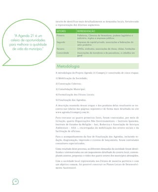18
intuito de identificar mais detalhadamente as demandas locais, fortalecendo
a representação dos diversos segmentos.
SETORES REPRESENTAÇÃO
Primeiro Prefeituras, Câmaras de Vereadores, poderes Legislativo e
Judiciário, órgãos e empresas públicos
Segundo Empresas de capital privado, associações e federações do
setor produtivo
Terceiro ONGs, sindicatos, associações de classe, clubes, fundações
Comunidade Associações de moradores e de pescadores, e cidadãos em
geral
Metodologia
A metodologia do Projeto Agenda 21 Comperj é constituída de cinco etapas:
1) Mobilização da Sociedade;
2) Construção Coletiva;
3) Consolidação Municipal;
4) Formalização dos Fóruns Locais;
5) Finalização das Agendas.
A descrição resumida dessas etapas e dos produtos delas resultantes se en-
contra nas tabelas das páginas seguintes e de forma mais detalhada no site
www.agenda21comperj.com.br.
Para executar as quatro primeiras fases, foram contratadas, por meio de
licitação, quatro Organizações Não Governamentais – Instituto Ipanema,
Instituto de Estudos da Religião - Iser, Rodaviva e Associação de Serviços
Ambientais - ASA –, encarregadas da mobilização dos setores sociais e da
facilitação de oficinas.
Para o acompanhamento da fase de Finalização das Agendas, incluindo re-
dação, diagramação, impressão e eventos de lançamento, foram contratados
consultores especializados.
Como resultado deste processo, as diferentes demandas da sociedade foram identi-
ficadas e sistematizadas em um mapeamento detalhado do cenário local, contem-
plando anseios, propostas e visões dos quatro setores dos municípios abrangidos.
Com a sociedade local representada nos Fóruns de maneira paritária e com
um objetivo comum, foi possível construir os Planos Locais de Desenvolvi-
mento Sustentável.
“A Agenda 21 é um
celeiro de oportunidades
para melhorar a qualidade
de vida do município.”
 