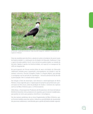 53
Uma das medidas para facilitar a adoção de ações estratégicas de preservação
da biodiversidade é a realização de atividades de Educação Ambiental. Com
o apoio do poder público local, estas iniciativas podem ajudar na tomada de
decisões ligadas à gestão da biodiversidade, em especial no manguezal da
APA de Guapimirim.
Os participantes do Fórum sentem falta de mais atividades de Educação
Ambiental voltadas para a população, principalmente em relação à caça de
animais silvestres. Um dos exemplos citados é o Projeto Defeso, que protege
o caranguejo-uçá no período de reprodução – iniciativa desenvolvida devido
à preocupação com a extinção dessa espécie.
Em relação à flora do município, vale destacar a municipalização do Horto
Pacheco, local sugerido para a organização de projetos que promovam a pre-
servação da flora local, além da produção de mudas e sementes de espécies
nativas da Mata Atlântica para o reflorestamento.
Além disso, a Associação dos Produtores de Ornamentais e de Corte de Itaboraí
(Itaflores) mantém sítios produtores de orquídeas geneticamente modificadas,
que podem ser úteis para projetos científicos e tecnológicos.
Um dos maiores problemas são as áreas fragmentadas de Mata Atlântica, que,
ao ficarem isoladas umas das outras, reduzem as possibilidades de manutenção
dos processos ambientais, contribuindo para a perda da biodiversidade regional.
O Carcará, conhecido localmente como Gavião Campeiro, também é encontrado na
região de Itaboraí
 