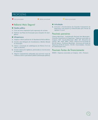 77
PROPOSTAS
• Alta prioridade • Média prioridade • Baixa prioridade
• Itaboraí Mais Segura!
 Gestão pública
1.1. Criar um setor responsável pela segurança do turismo.
2.2. Elaborar um Plano de Evacuação para situações de emer-
gência.
 Infraestrutura
3.3. Ampliar o efetivo policial do 35º Batalhão de Polícia Militar.
4.4. Instalar uma Delegacia de Atendimento à Mulher (Deam)
no município.
5.5. Cobrar a instalação de subdelegacias de Polícia Civil em
todos os distritos.
6.6. Instalar câmeras de vigilância, priorizando as vias de acesso
ao município.
7.7. Adquirir equipamentos adequados para prevenir casos de
violência contra o patrimônio público (iluminação pública).
 Articulação
8.8. Articular o fortalecimento do Conselho Comunitário de
Segurança com projetos já identificados pelo Fórum da
Agenda 21 Local.
Possíveis parceiros
Câmara Municipal . Confederação Nacional dos Municípios .
Conselho Comunitário de Segurança . Empresas associadas ao
Comperj . FGV . Guarda Municipal . IBGE . ISP . Ministério da
Justiça . MP . OAB . ONGs . Pmerj . Policia Civil do Estado do
Rio de Janeiro . Prefeitura Municipal . Secretaria de Estado de
Segurança do Rio de Janeiro . TCE-RJ . Universidades . Veículos
de comunicação local.
Possíveis fontes de financiamento
BNDES . Empresas associadas ao Comperj . LOA . Pronasci.
 