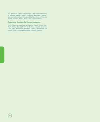84
rios (Educação, Ciência e Tecnologia) . Observatório Nacional
de Inclusão Digital . ONGs . Prefeitura Municipal . Sebrae .
Secretarias Municipais (Educação e Cultura, Desenvolvimento
Social) . Seeduc . Senac . Senai . Sesc . Universidades.
Possíveis fontes de financiamento
CNPq . Empresas associadas ao Comperj . Faperj . Finep . Fun-
dação Abrinq . Fundação Vale do Rio Doce . Fundeb . Instituto
C&A . LOA . Ministérios (Educação, Ciência e Tecnologia) . Oi
Futuro . Pibic . Programa Petrobras Cultural . Unesco.
 