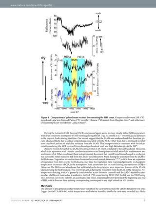 www.nature.com/scientificreports/
6Scientific Reports | 7:44267 | DOI: 10.1038/srep44267
During the Antarctic Cold Reversal (ACR), our record again seems to more closely follow NH temperature,
with drier conditions in response to NH warming during the BA (Fig. 3). Jomelli et al.11
reported glacial advances
in the tropical Andes during that time. Our record suggest that the SAMS was weakened and that therefore gla-
ciers advanced likely due to colder temperatures associated with the ACR, rather than due to increased snowfall
associated with enhanced available moisture from the SAMS. This interpretation is consistent with the colder
conditions during the ACR reported from almost one hundred mid- and high-latitudes sites in the SH10
.
Our new record shows that the LGM period was wetter in SA when compared to the early and mid-Holocene,
which is in agreement with climatic conditions reconstructed from palaeo-rainfall records in northwestern and
southeastern SA. When combined, these isotopic records document that rainfall conditions changed in a coherent
way across the entire monsoon belt from the Andes to southeastern Brazil during the transition from the LGM to
the Holocene. Vegetation reconstructions from southern and central Amazonia15,23,28
, which show an expansion
of vegetation from the LGM to the Holocene, may thus the vegetation have responded primarily to changes in
temperature or amount of CO2 in the atmosphere, both parameters that increased during the transitions LGM to
Holocene. The JAR record also shows that millennial-scale abrupt events were important features of the SAMS,
characterizing the hydrological cycle over tropical SA during the transition from the LGM to the Holocene. NH
temperature forcing, which is generally considered to act as the main control knob for SAMS variability on a
number of different time scales, is evident in the JAR δ​18
O record during DO2, HS2, the BA and the YD. During
HS1, however, our record exhibits an accentuated dry phase, separating two wet periods at the beginning and end
of HS1, which does not have a strong corresponding counterpart in any high latitude or NH proxies.
Methods
The amount of precipitation and air temperature outside of the cave were recorded by a Hobo Pendant Event Data
Logger (model UA-003–64), while temperature and relative humidity inside the cave were recorded by a Hobo
Figure 4.  Comparison of paleoclimate records documenting the HS1 event. Comparison between JAR δ​18
O
record and Lapa Sem Fim and Paixão δ​18
O records7
, Chinese δ​18
O records from Qingtian Cave26
and reflectance
of sedimentary core record from Cariaco Basin27
.
 