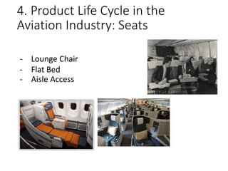 4. Product Life Cycle in the
Aviation Industry: Seats
- Lounge Chair
- Flat Bed
- Aisle Access
 
