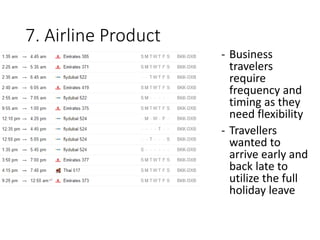 7. Airline Product
- Business
travelers
require
frequency and
timing as they
need flexibility
- Travellers
wanted to
arrive early and
back late to
utilize the full
holiday leave
 