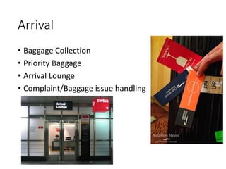 Arrival
• Baggage Collection
• Priority Baggage
• Arrival Lounge
• Complaint/Baggage issue handling
 